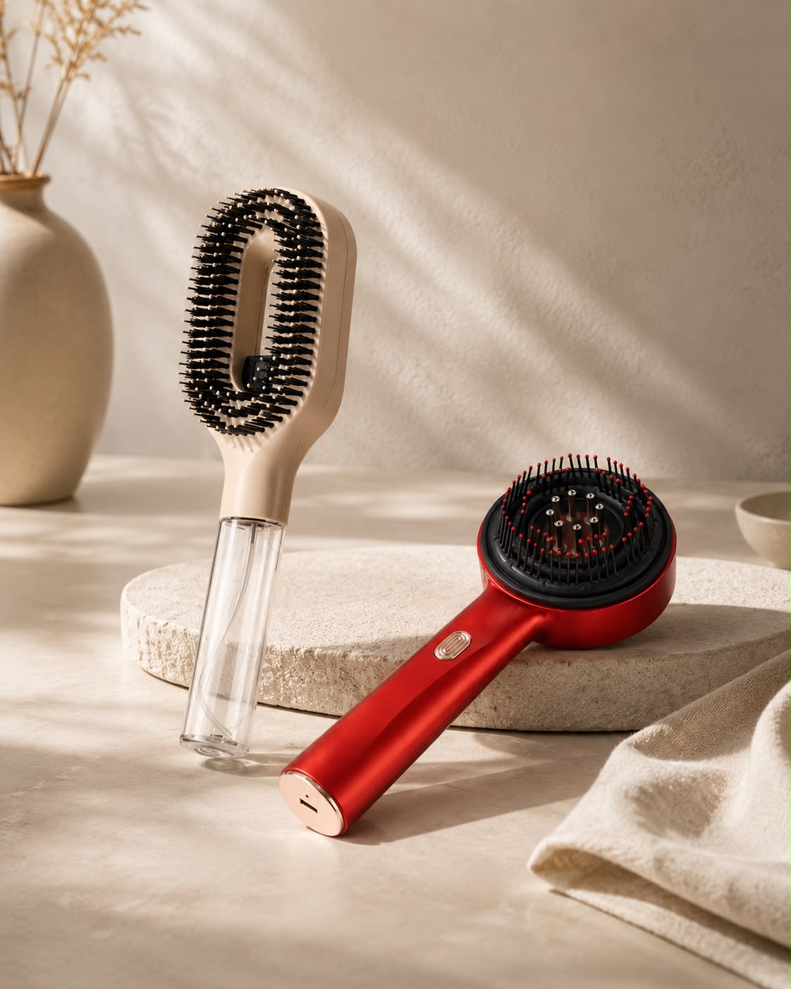 The 2-in-1 Hair Mist Brush and the Laser Red Light Therapy Comb resting together on a stone tray in warm daylight